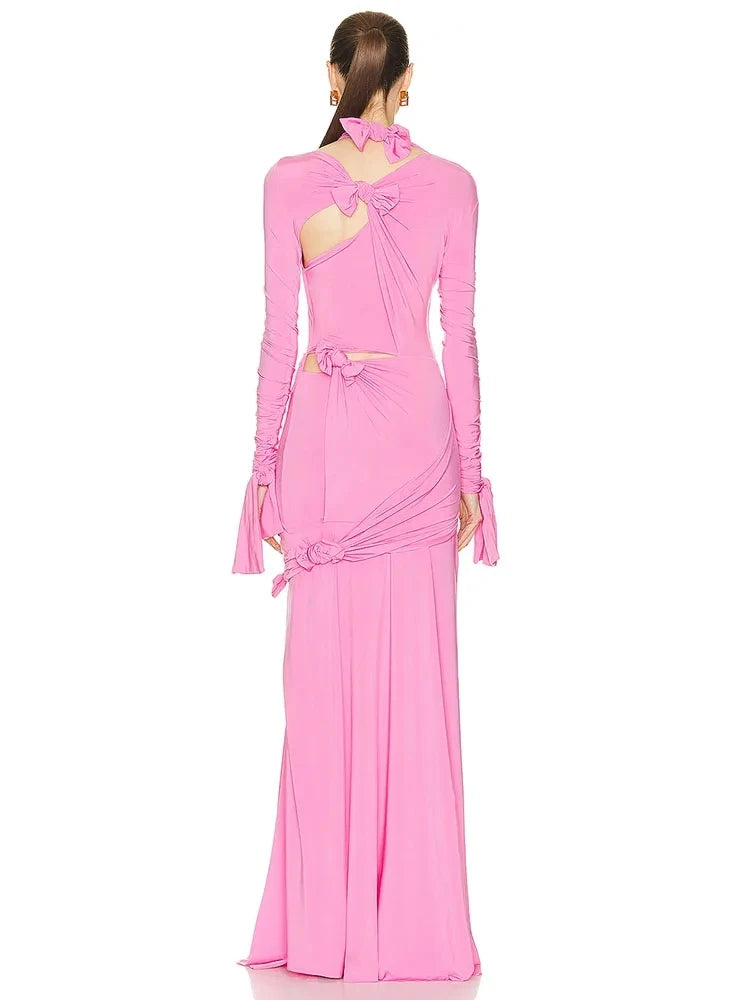 Sexy bow Cutout Design  Side Slit Elegant Pink Maxi Gown