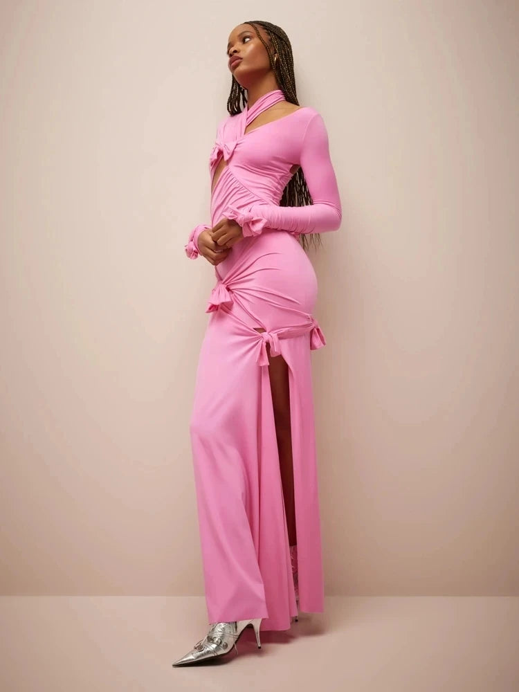 Sexy bow Cutout Design  Side Slit Elegant Pink Maxi Gown