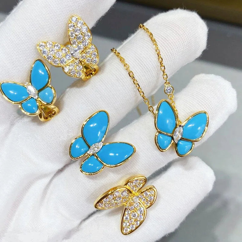 High Quality 925 Sterling Silver Blue Turquoise Butterfly Necklace Earrings