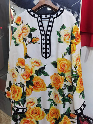 Yellow Rose Flower Printing Dress
