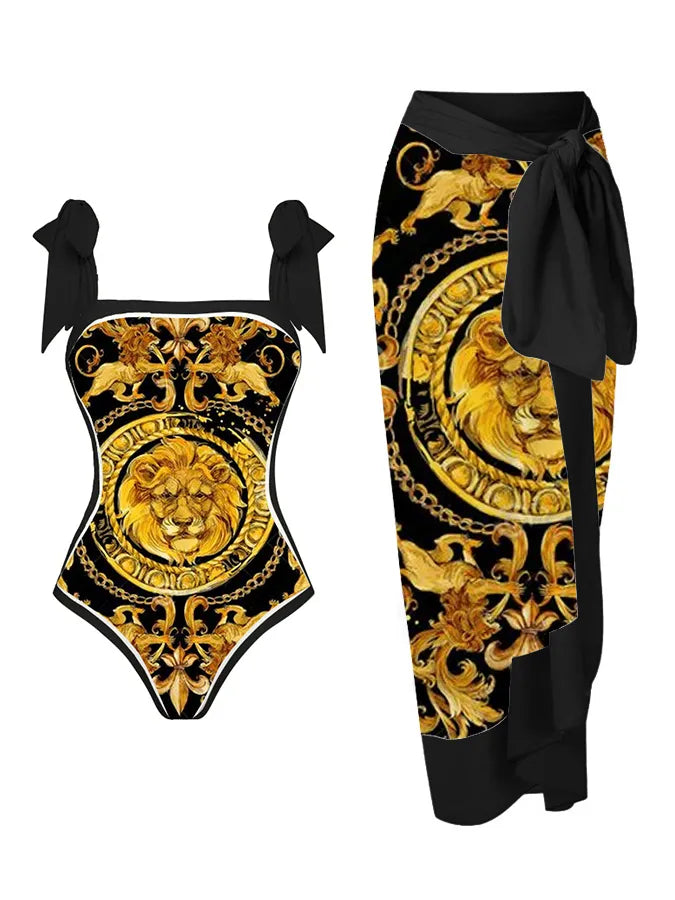 Vintage Summer  Lion Pattern Print Reversible Swimsuit And Cover up