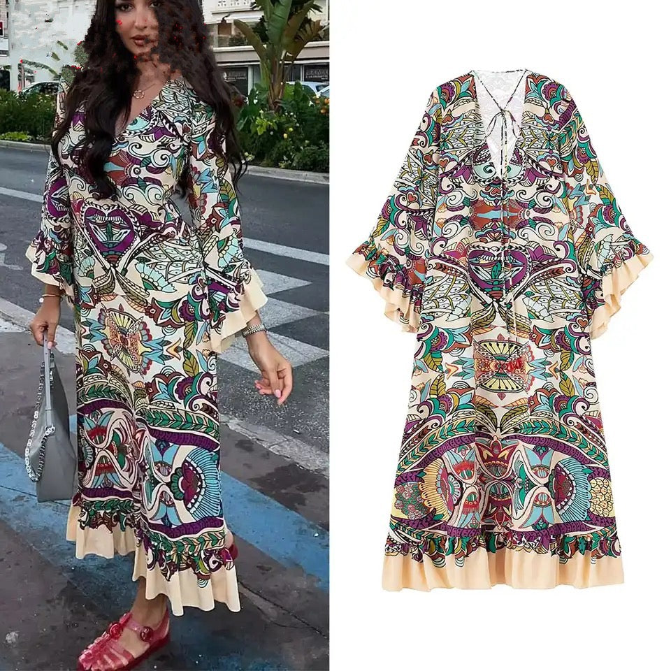 Vintage Flower Print Loose Ruffles Dress