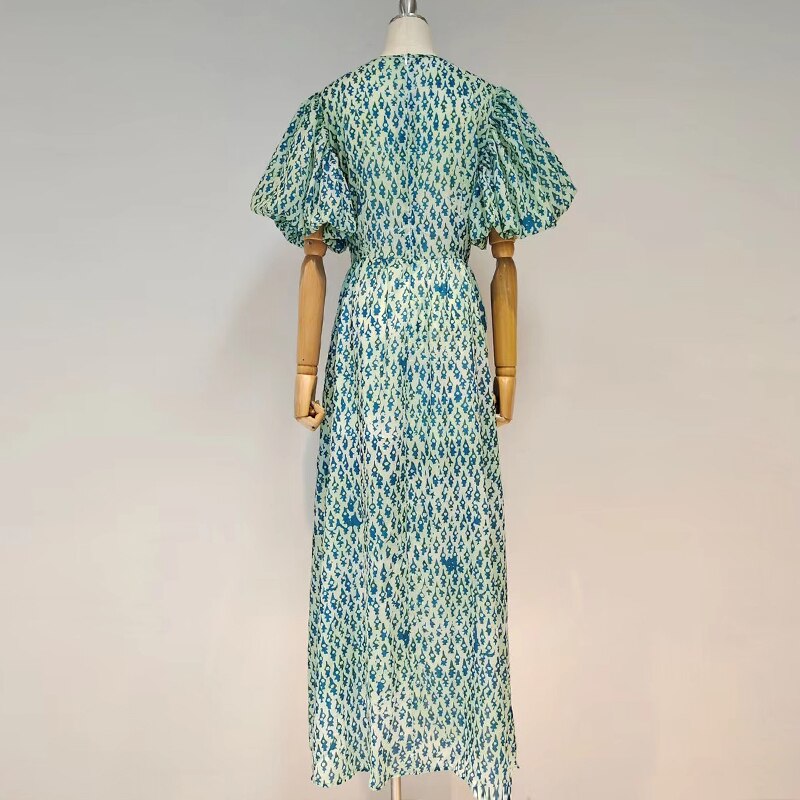 Green Print Puff Sleeve Dresses