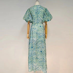 Green Print Puff Sleeve Dresses
