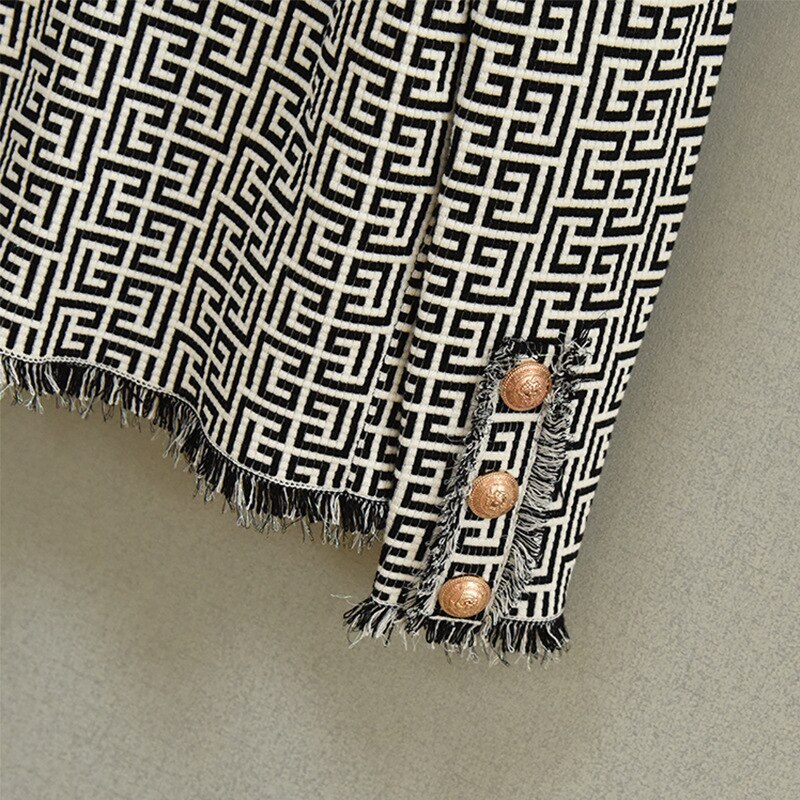 Designer Tassel Fringed Geometric Jacquard Tweed Jacket