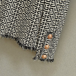 Designer Tassel Fringed Geometric Jacquard Tweed Jacket