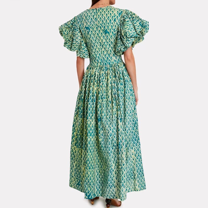 Green Print Puff Sleeve Dresses