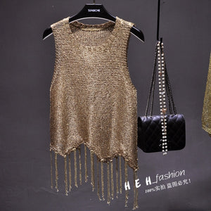 Shiny Gold Silver Knitted Tank Tops