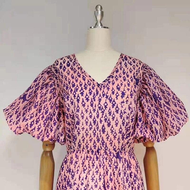 Green Print Puff Sleeve Dresses