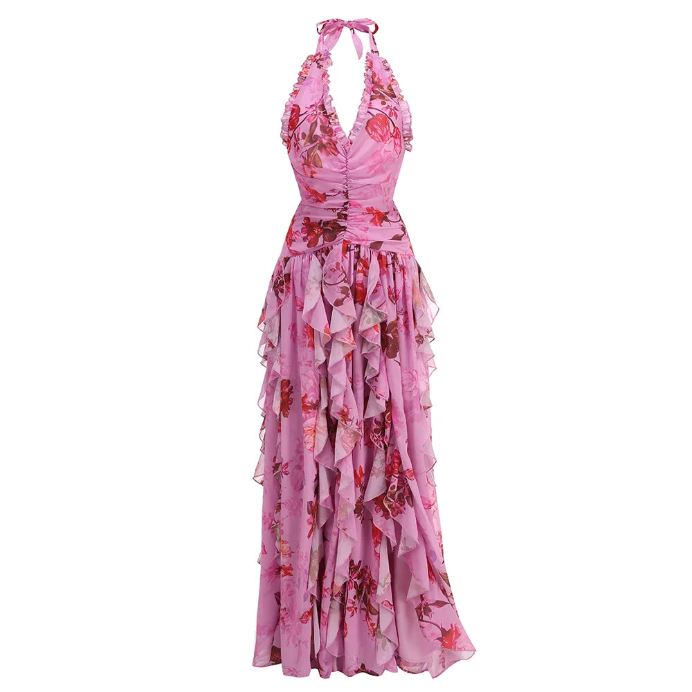 Pink Ruffle Halter Sleeveless Sexy Backless Maxi Floral Print Dress