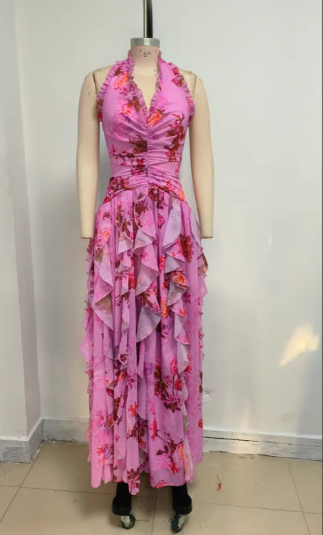 Pink Ruffle Halter Sleeveless Sexy Backless Maxi Floral Print Dress