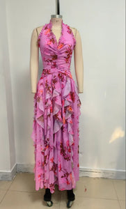 Pink Ruffle Halter Sleeveless Sexy Backless Maxi Floral Print Dress