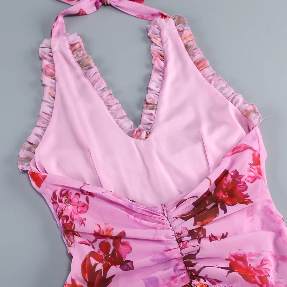 Pink Ruffle Halter Sleeveless Sexy Backless Maxi Floral Print Dress