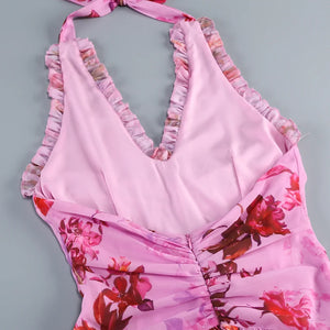 Pink Ruffle Halter Sleeveless Sexy Backless Maxi Floral Print Dress