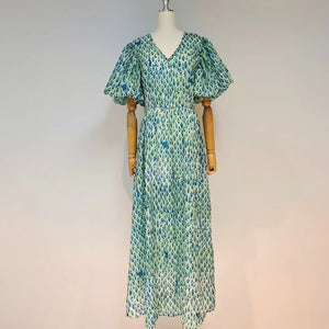 Green Print Puff Sleeve Dresses