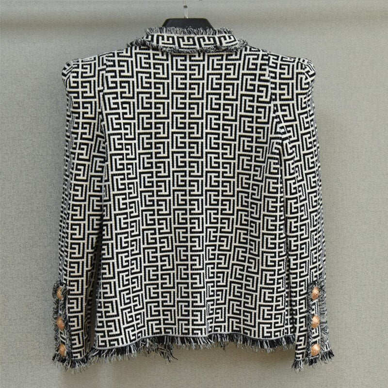 Designer Tassel Fringed Geometric Jacquard Tweed Jacket