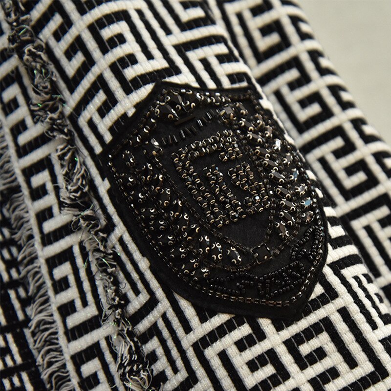 Designer Tassel Fringed Geometric Jacquard Tweed Jacket