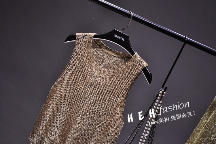 Shiny Gold Silver Knitted Tank Tops
