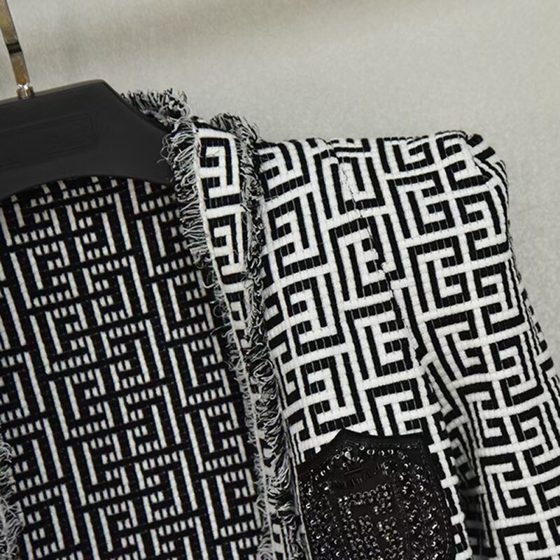 Designer Tassel Fringed Geometric Jacquard Tweed Jacket
