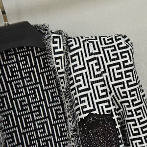 Designer Tassel Fringed Geometric Jacquard Tweed Jacket