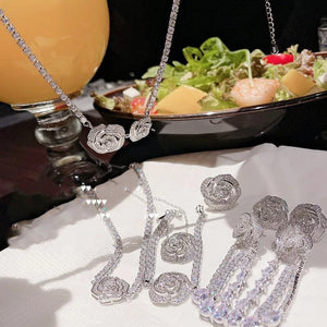 Luxury Rhinestone Flower Necklace 18k Gold-plated Tassel Pendant, Ring