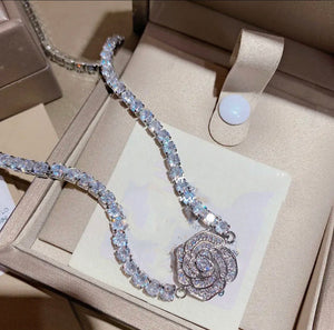 Luxury Rhinestone Flower Necklace 18k Gold-plated Tassel Pendant, Ring