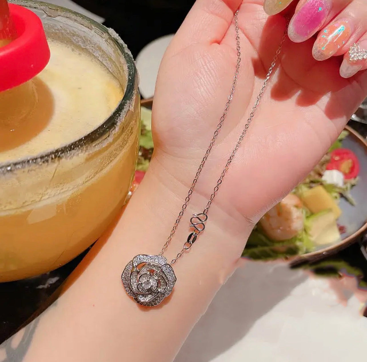 Luxury Rhinestone Flower Necklace 18k Gold-plated Tassel Pendant, Ring