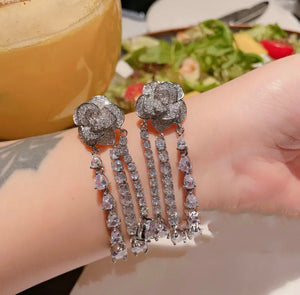 Luxury Rhinestone Flower Necklace 18k Gold-plated Tassel Pendant, Ring