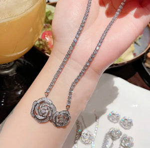 Luxury Rhinestone Flower Necklace 18k Gold-plated Tassel Pendant, Ring