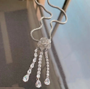 Luxury Rhinestone Flower Necklace 18k Gold-plated Tassel Pendant, Ring