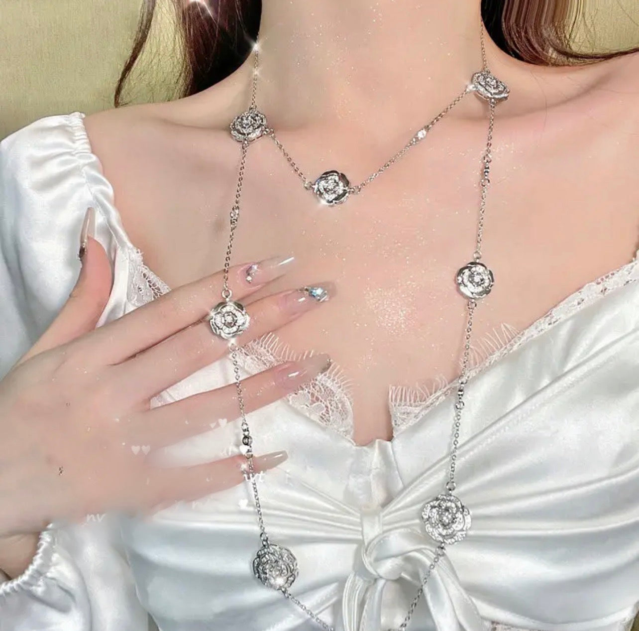 Luxury Rhinestone Flower Necklace 18k Gold-plated Tassel Pendant, Ring