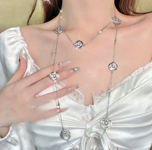 Luxury Rhinestone Flower Necklace 18k Gold-plated Tassel Pendant, Ring