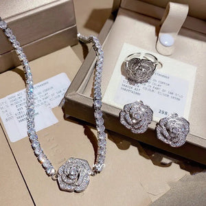 Luxury Rhinestone Flower Necklace 18k Gold-plated Tassel Pendant, Ring