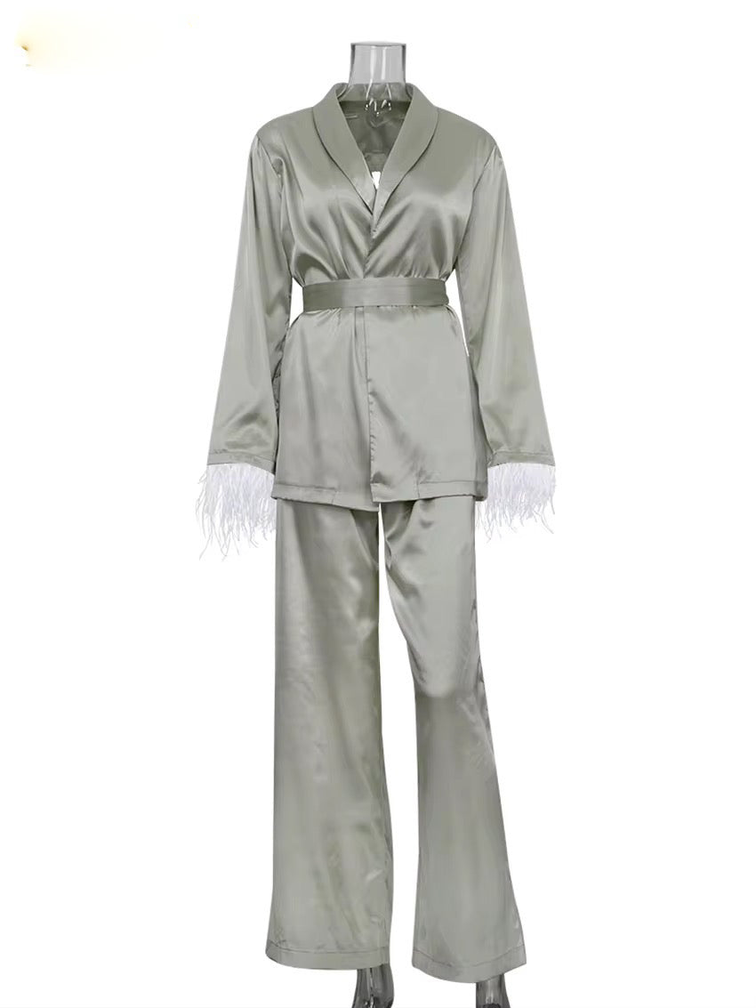 Satin Wide Pants Set Elegant