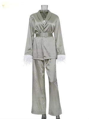 Satin Wide Pants Set Elegant