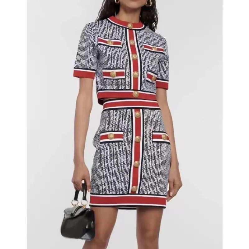 Vintage Geometric Jacquard Knitted Cardigan Skirt Set