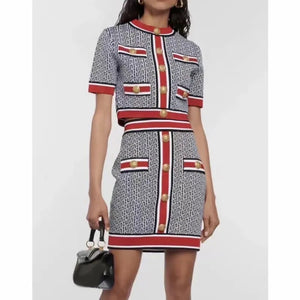 Vintage Geometric Jacquard Knitted Cardigan Skirt Set