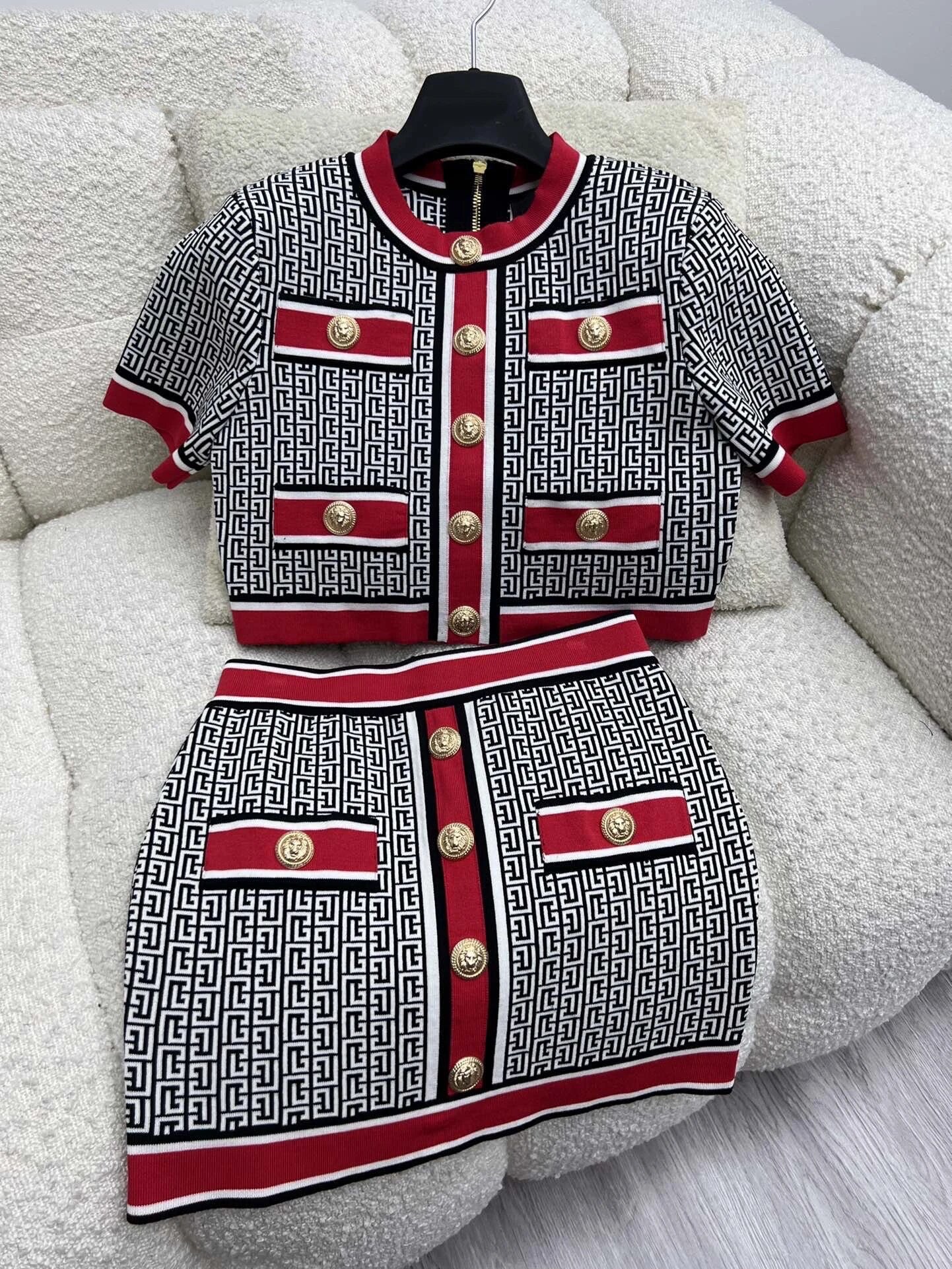 Vintage Geometric Jacquard Knitted Cardigan Skirt Set