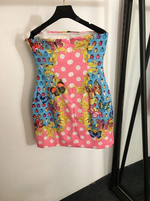 Ladybird Butterfly Polka Dot Print Strapless Mini Dress