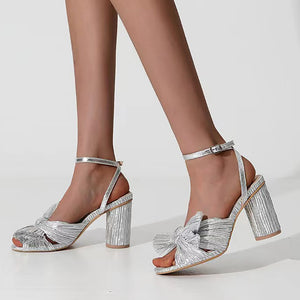 Gold Ruched Bows High Heels