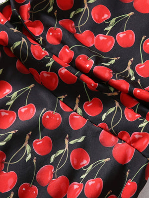 Blended Printed Cherry Sling Square-Neck Cinched Elegant Dress