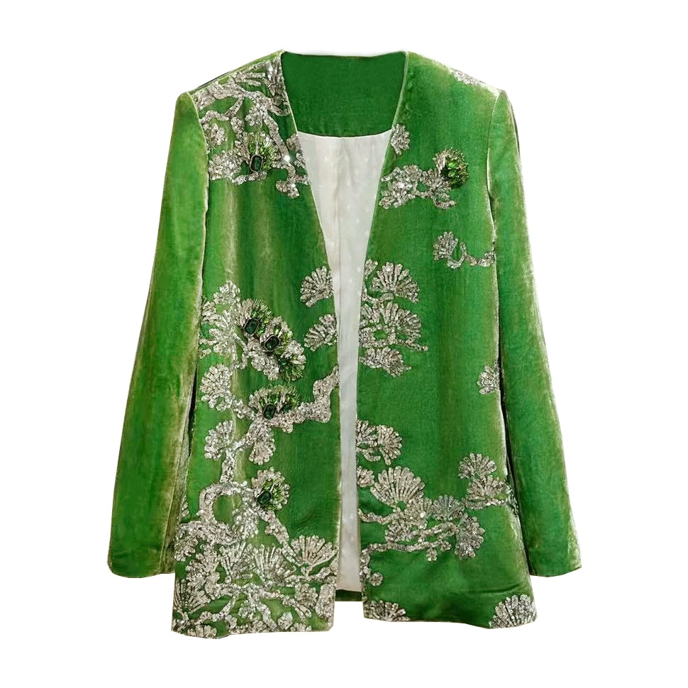 Green Heavy Industry Beads Embroidered Silk Velvet Outwear