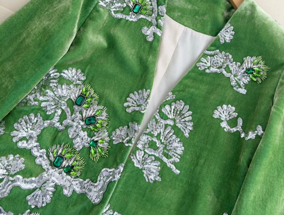 Green Heavy Industry Beads Embroidered Silk Velvet Outwear