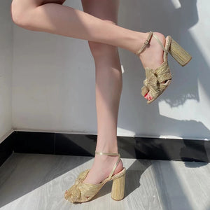 Gold Ruched Bows High Heels