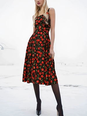 Blended Printed Cherry Sling Square-Neck Cinched Elegant Dress
