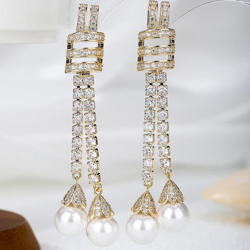 Elegant Twine Knot Design Temperament Dangle Earrings for Women Fashion Pearl Jewelry Luxury AAA Cubic Zirconia Wedding Earring