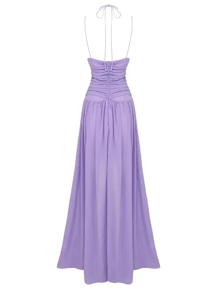Purple Hollow Chiffon Pleated Long Dress