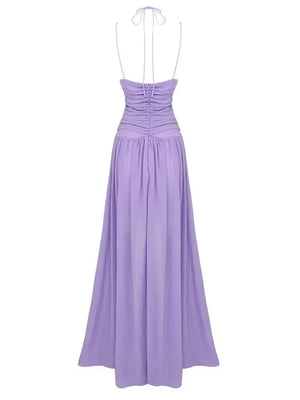 Purple Hollow Chiffon Pleated Long Dress