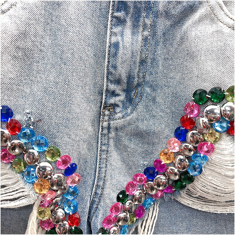 Designer Style Crystals Beading Ripped Denim Shorts