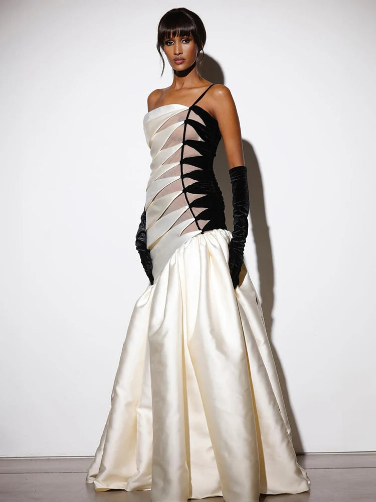 Black And White Floor Length Pleated Cut Off Dress